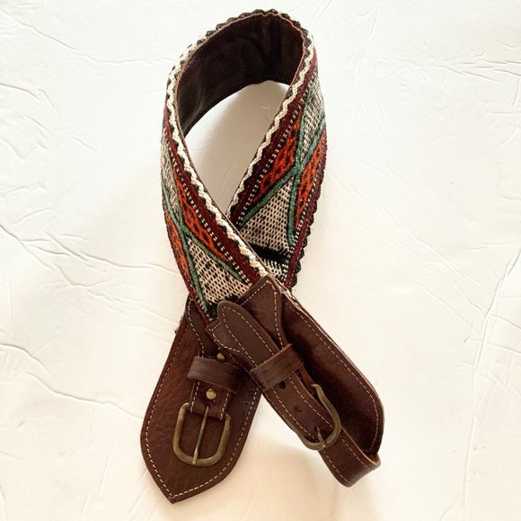 Anthropologie Double Buckle Western Cinch Belt Sz M Brown Leather, Woven Fabric main image 6